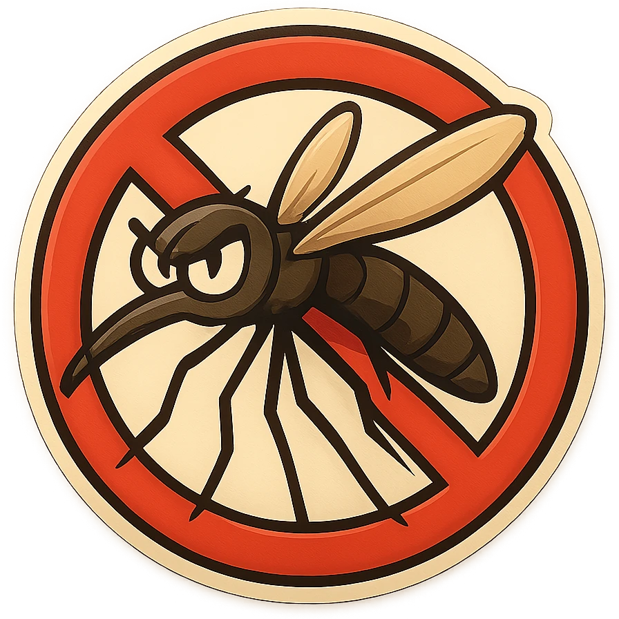 Remove the background so the mosquito with the red prohibition sign is on a transparent background, keeping the clean cartoon style of retro stickers. emoji