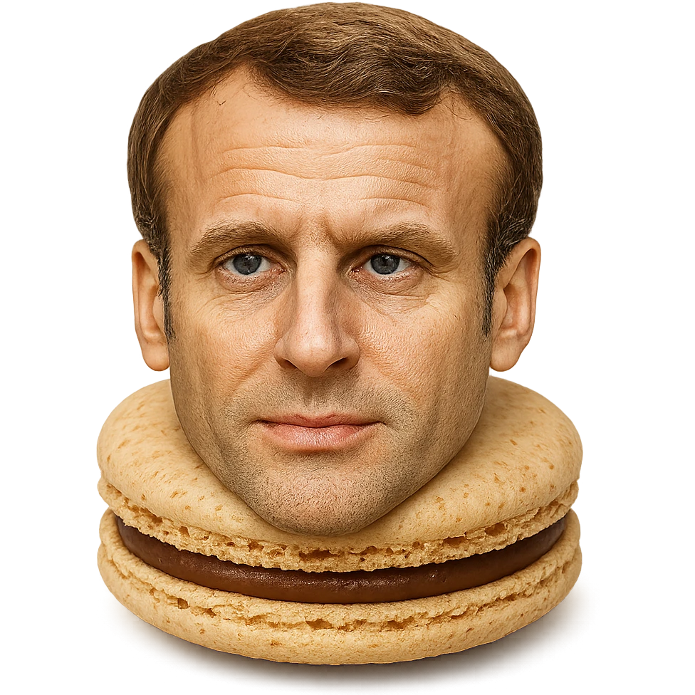 realistic macaron pastry with the shell resembling Emmanuel Macron's face, subtle details emoji
