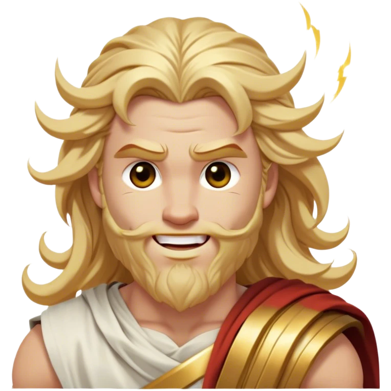 Cinematic Realistic Thor Portrait, head tilted dramatically with an exaggeratedly amused expression, featuring lively, twinkling eyes and a subtle, roguish grin. His fair, radiant skin and long, wavy golden hair, rendered with classical precision, complement his draped white toga adorned with delicate golden details and mythic lightning hints, all brought to life with dynamic lighting that captures both his divine power and playful, approachable charm. emoji