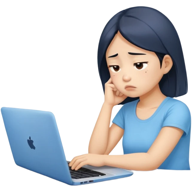 Create an emoji of a tired girl of Asian descent in a baby blue top, sitting at a laptop, looking exhausted and frustrated. They have slouched posture, representing overwork and burnout. emoji