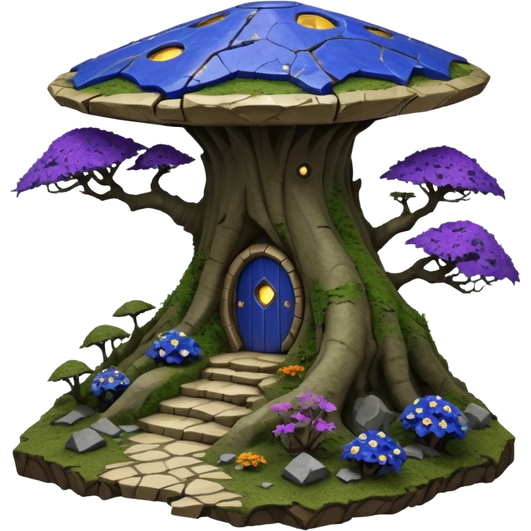 Crashed Alien saucer-castle jungle winding footpath mountainside getaway haunted nighttime hobbit landscape antique mudman very old broken cracked intricate Stone Age lapis-crusted irregular dodecagon-shaped shallow dark moss rough bark violet flowered maple treehouse bonsai emoji