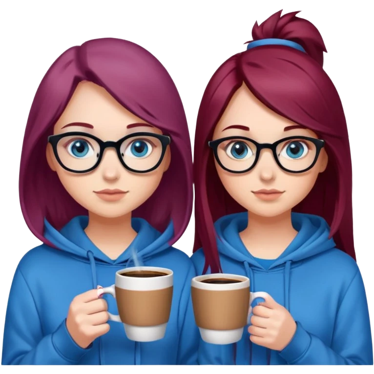 Two girls standing together wearing blue hoodies holding coffee, one girl has burgundy hair, blue eyes and pretty eyelashes. One girl has brown hair , glasses and brown eyes. emoji