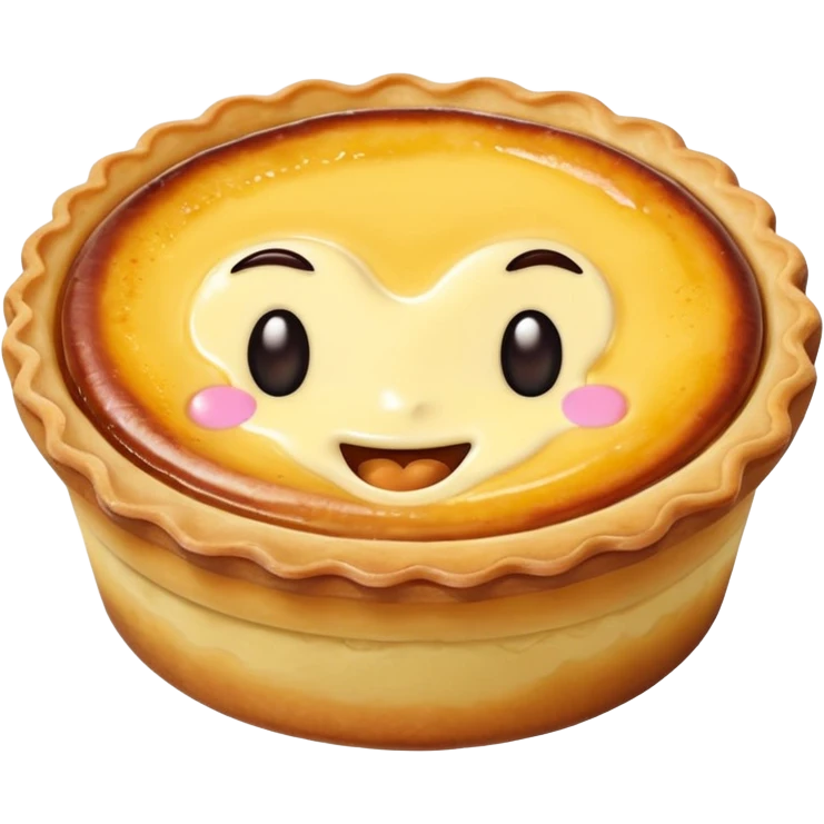 Create an emoji-style illustration of a Portuguese Pastel de Nata. It should be a small, individual custard tart with a flaky, layered puff-pastry crust and a glossy yellow custard center with dark caramelized spots on top. Do NOT make a full pie or slice only a single small tart emoji