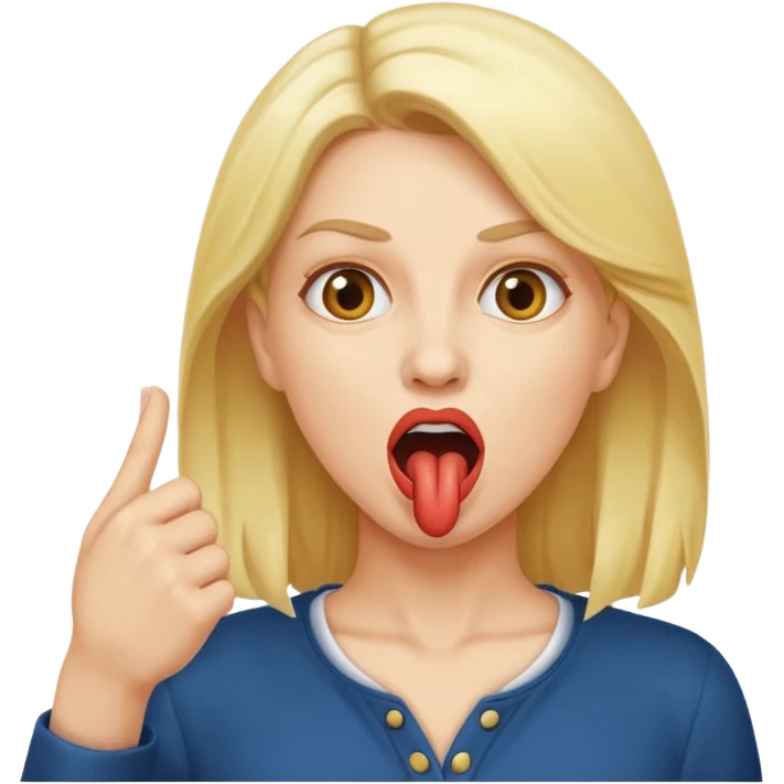 A woman pointing at her mouth with mouth open to indicate hungry emoji