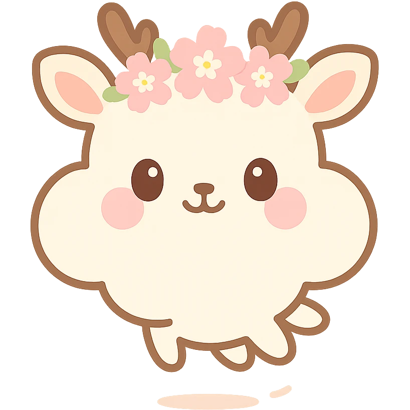 graceful vanilla cloud doe with rosy cheeks, cherry blossom crown, floating, brand identity mascot for social media emoji