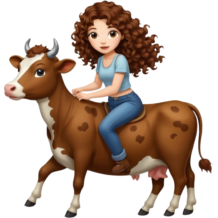 cute woman long curly brown hair tattoos riding gentle cow emoji