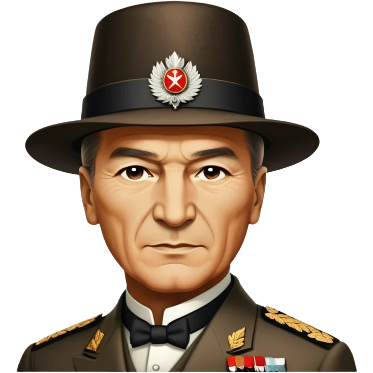 Mustafa Kemal Atatürk (statesman) in traditional hat – Cinematic Realistic Portrait of Mustafa Kemal Atatürk, depicted in dignified traditional attire with a distinctive hat, a resolute and visionary expression illuminated by warm, historic lighting, rendered with rich textures that evoke his transformative leadership. emoji