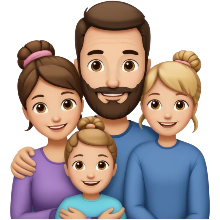 family of 5. mom has bun. dad has beard.  emoji