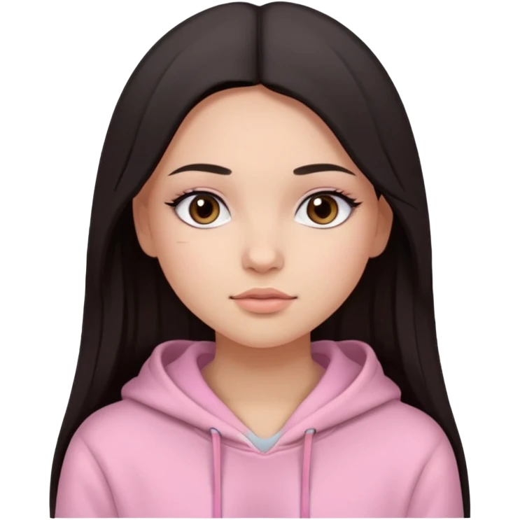 A pretty girl with light skin and long straight black brown hair, wearing a very light pink basic hoodie with brown eyes and makeup and a round face emoji