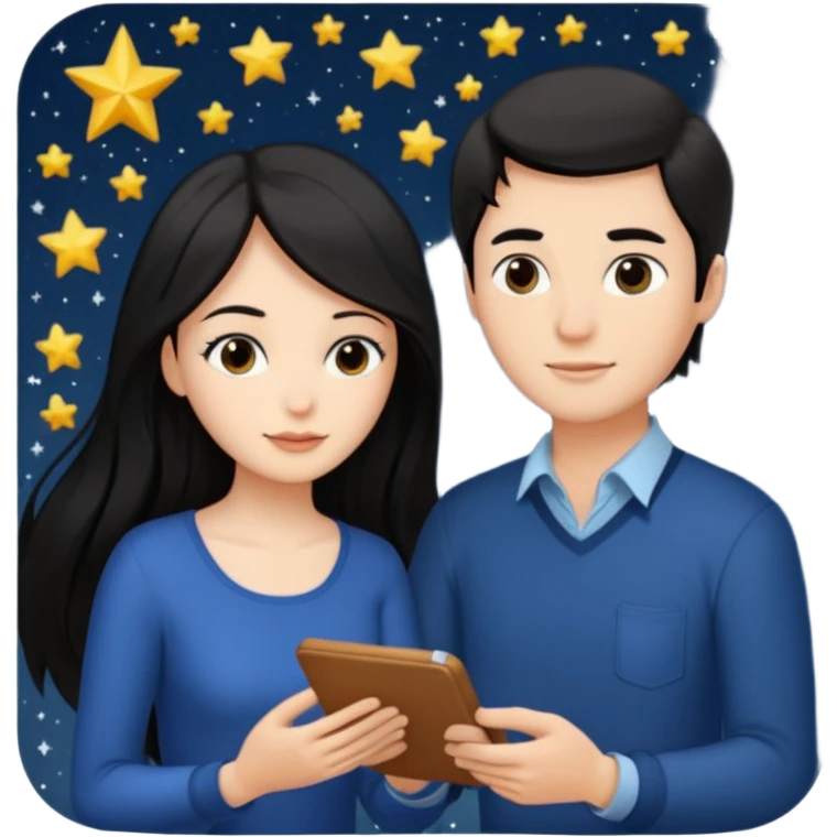 Woman with long hair and man calculating their compatibility by the stars emoji