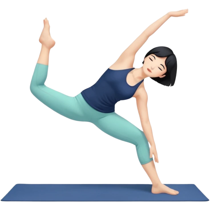 키는 작은편이고 앞머리 없는 단발머리야. 옆머리는 있고 요가를 좋아해. 남색 홀터넥을 많이 입고 민트색 요가바지를 자주 입어. 머리색은 검정색이고 하타요가를 좋아해 emoji