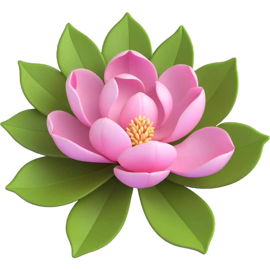 3D icon of a magnolia blossom, pink-tinted petals, glossy green leaves, modern look emoji