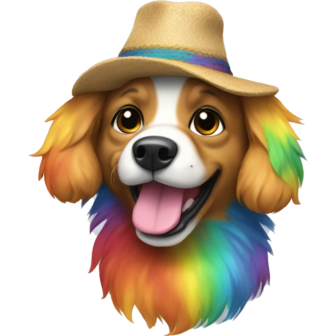 multi-colored dog, with rainbow fur, with a human face, in a hat, smiling emoji