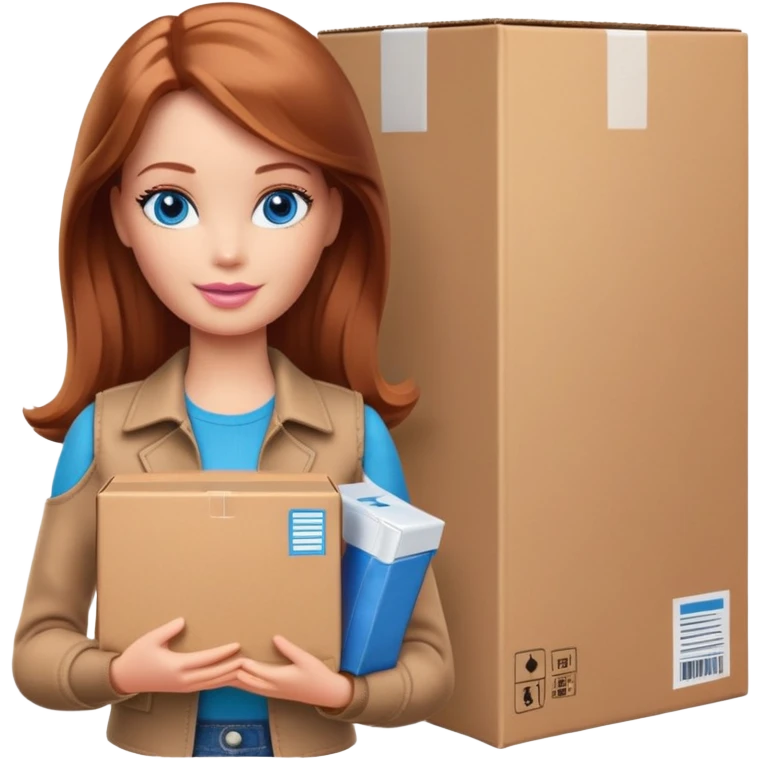 Barbie with shoulder-length reddish-brown hair in brown clothes holds a package box, blue eyes emoji