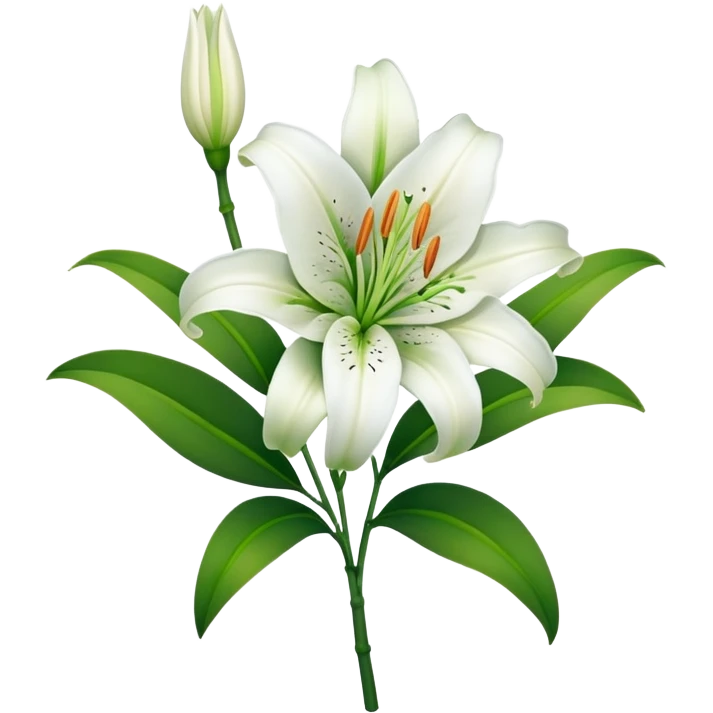 Beautiful white lily flower with green stem and leaves emoji