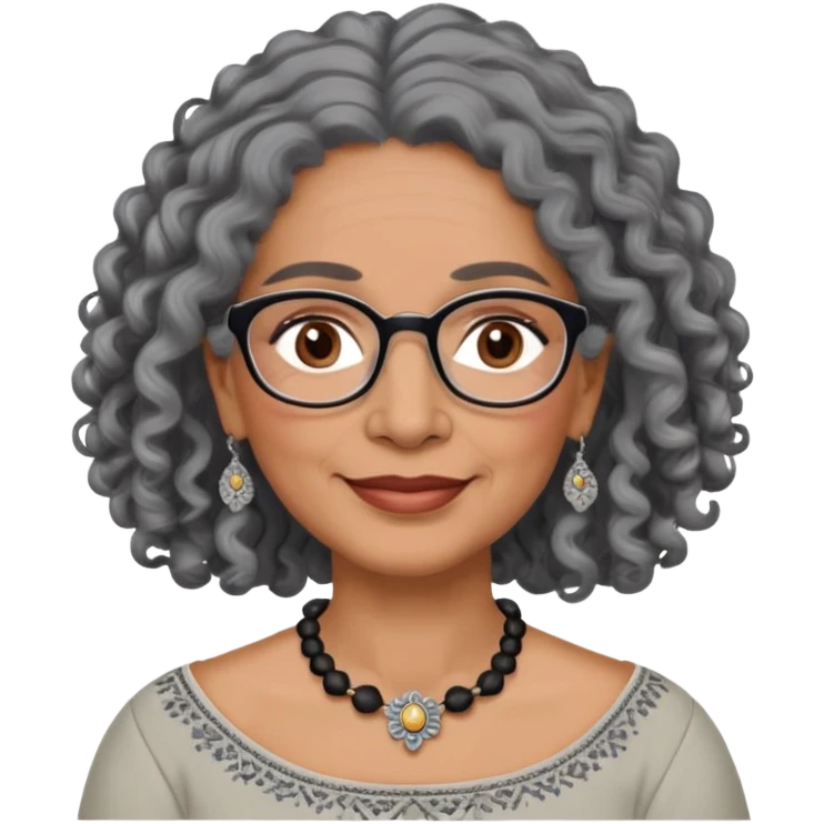 Latina woman, about 55 years old, dark warm brown skin, round soft face, long curly black and gray hair, no headband, medium eyes, thin eyebrows, gentle smile, delicate eyeglasses, gray peasant blouse with embroidery, bare shoulders, large dark necklace emoji