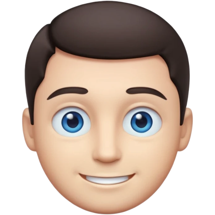 Cute 3D emoji of a smiling man with short dark hair and blue eyes, round face, simplified features, oversized glossy eyes, soft gradient shading, pastel tones, clean vector style, smooth edges, minimal background, transparent PNG, sticker icon emoji