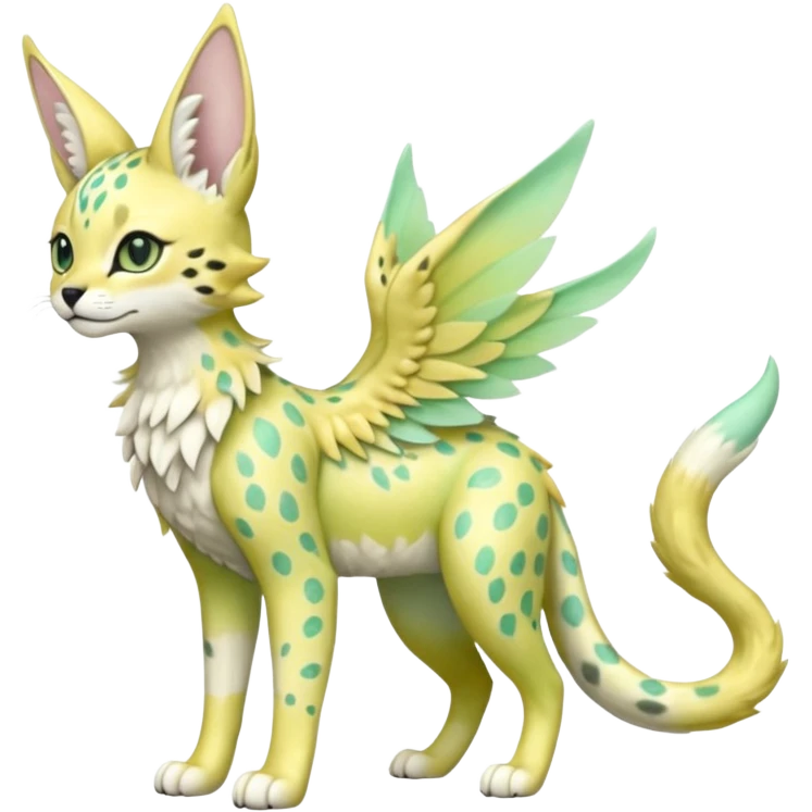Epic complex detailed pastel minty green, pastel beige yellow pastel realistic aesthetic-scenic-Fakémon-Sprigatito-Floragato-Trico-Sergal-Serval-Vernid-creature (full body) with far wings, shiny sparkly fairycore theme  emoji