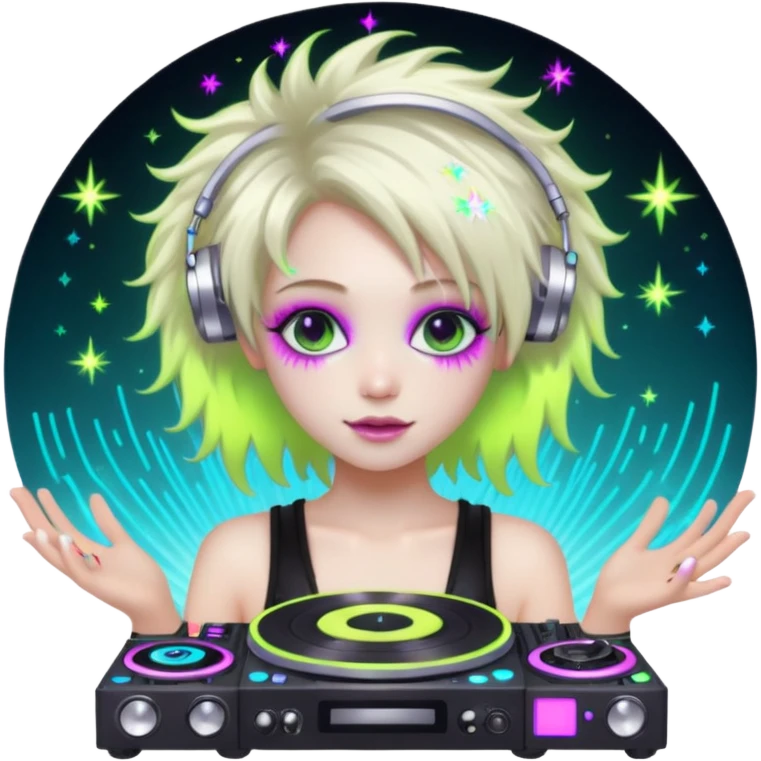  hard-techno-rave-fairy,-holding-a-dj-turntable,-wild-hair,-neon-sparkles,-minimal-background emoji