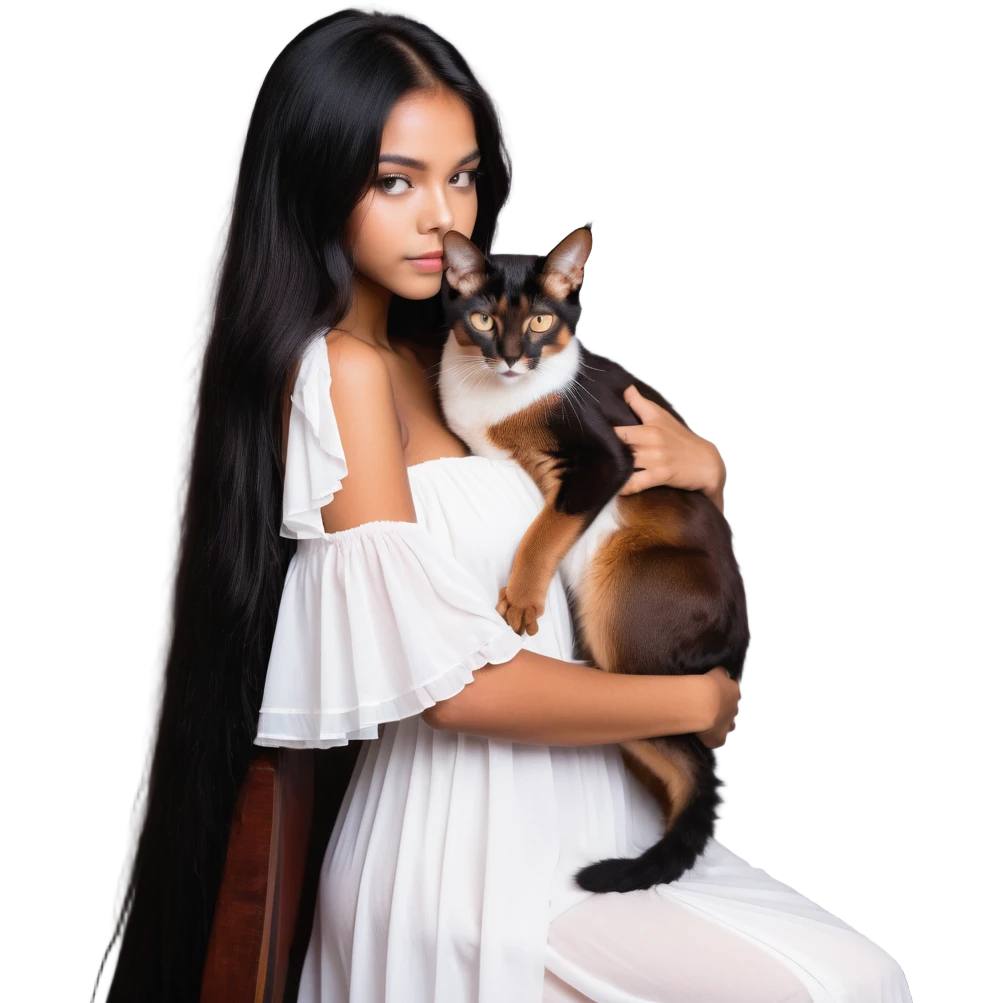 beautiful girl with long black hair in a white dress cuddling an Abyssinian cat with reddish-brown fur emoji