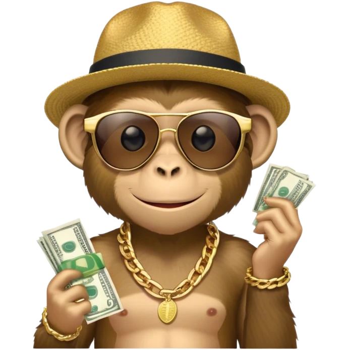 Monkey with gold chain, hat, and sunglasses holding money emoji