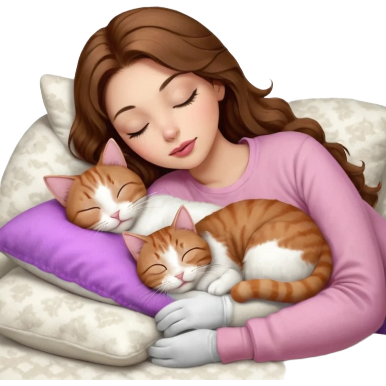 girl with long wavy brown hair, brown eyes, long lashes makeup, sexy pink lips, light to medium complexion,  sleeping on a cozy pillow, with 6 cats: 1 brown and white tabby cat, 1 ginger and white, 2 grey and white, 1 grey with white mittens and small white patch on chest and 1 calico, sleeping emoji