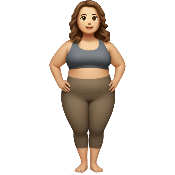 A plus size woman in yoga tree pose. She has light skin, brown straight hair, and brown eyes.  emoji