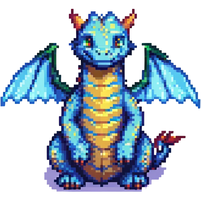 pixel art dragon with tiny wings, sitting and smiling emoji