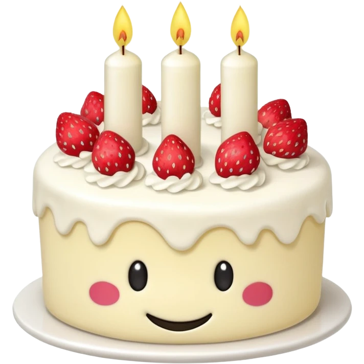 Jellycat vanilla cake with white frostting and strawberries on top with one candle with smiley face emoji