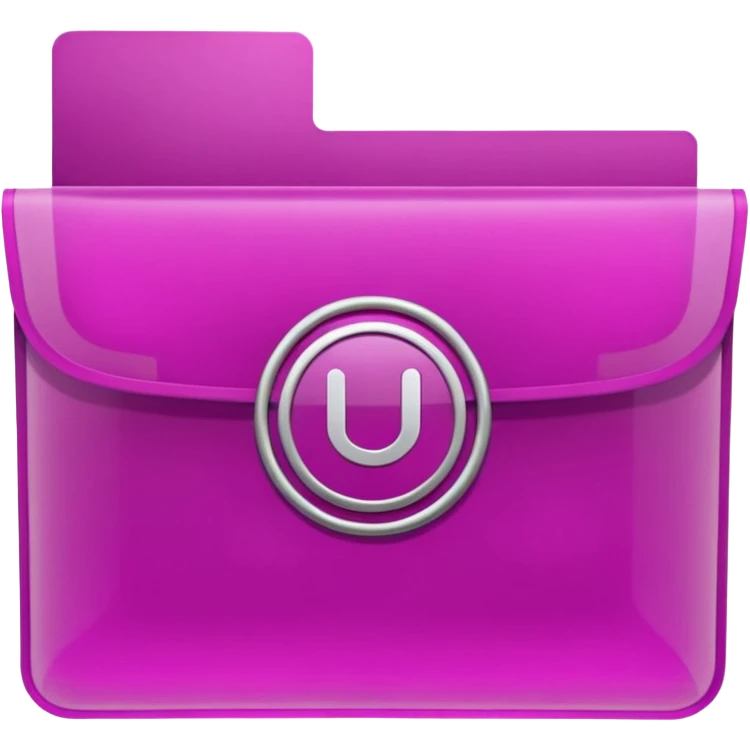 A translucent magenta plastic folder with rounded corners, elastic string and button closure, subtle transparency, and a small university/academic symbol on the front. emoji