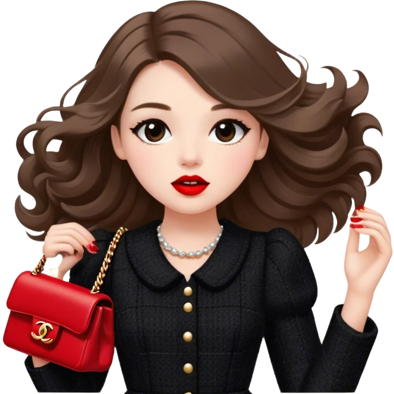 White girl with brown long hair dressed up in black chanel tweed dress carrying a red chanel bag and wearing red lipstick. Close up shot with wind blowing her hair looking fancy emoji