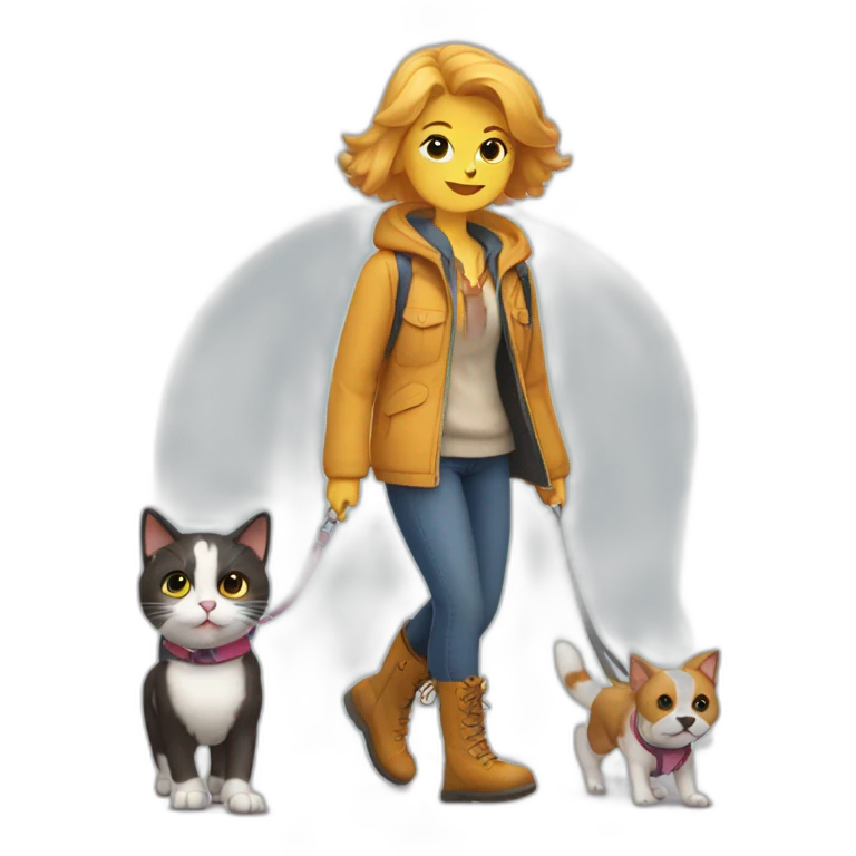 A cat wearing jacket and boots walking with a dog in the park emoji
