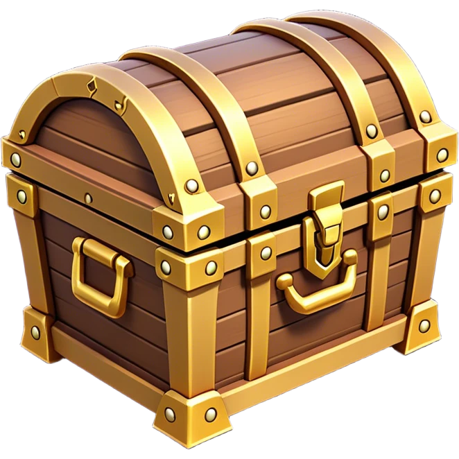 Clash of Clans aesthetic: Cinematic Playful 3D Isometric Treasure Chest Emoji, rendered in a 3D vector-style similar to standard emojis with minimal shading and bold, simplified shapes. A compact, distinct form with signature details, softly glowing with a fantasy RPG magic charm. Simplified yet unmistakably iconic, highly detailed and consistent, glowing with a soft radiance and high shine. Stylized with a touch of heroic grandeur and a soft glowing outline, capturing the essence of a beloved gaming relic with a friendly, playful manner! emoji
