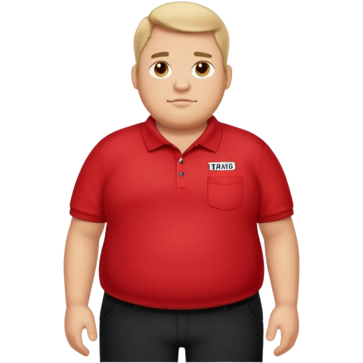 Fat guy in red polo with black pants wearing a name tag that says TRAVIS emoji