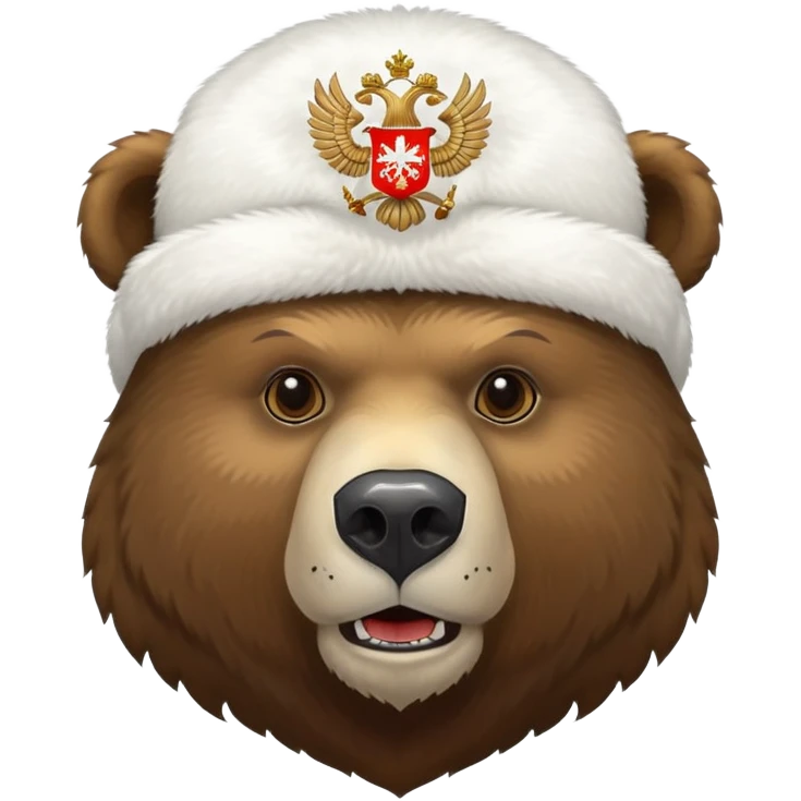 Russian brown bear head only, wearing white furry ushanka hat with realistic double-headed eagle coat of arms in the center, iOS emoji style emoji