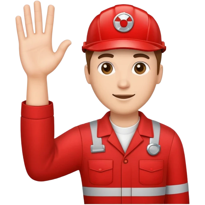 employee holding a car engine part in one arm, waving right hand, wearing a red mechanic uniform emoji