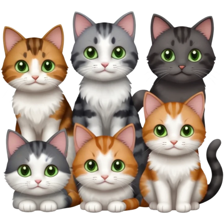 6 different coloured small cats including a dark grey and white, and a patchy calico, and a brown tabby and white,  and a completely solid dark grey with green eyes and only white paws emoji