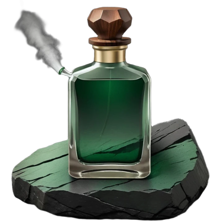 A masculine fragrance bottle featuring a gradient of deep forest green to charred black glass. The cap is made of dark walnut wood. The bottle is placed on a jagged piece of slate rock with a faint mist in the background. Earthy, moody, textured, photorealistic. emoji