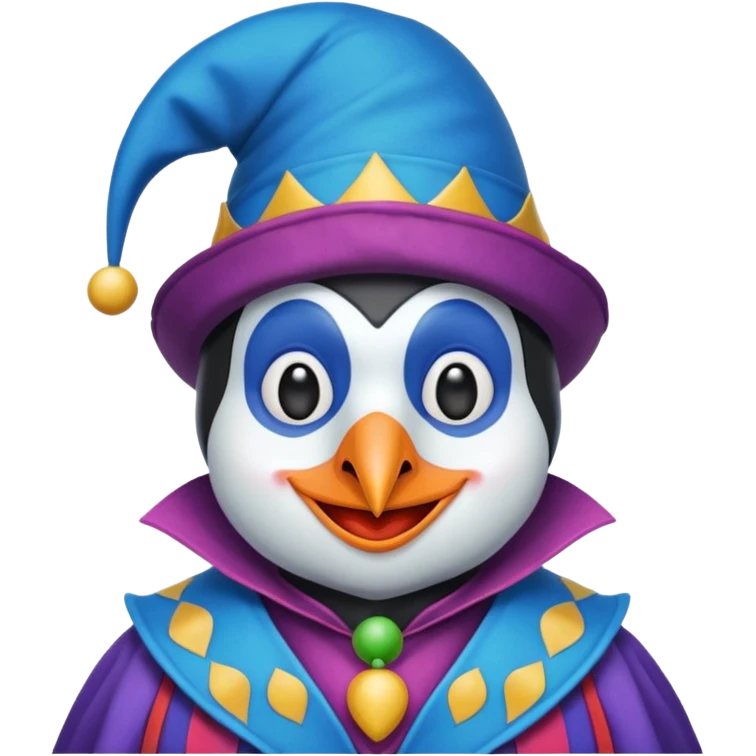 crazy colorful cute penguin jolly joker, medieval, vintage, court jester, mac os icon, blue color emoji
