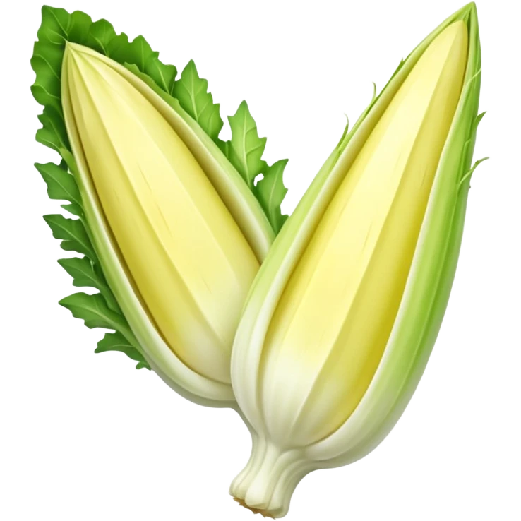 endive, whole, elongated, pointed, tightly packed, pale yellow to green, white base, smooth, crisp, 3D clean style, transparent background, optimized for emoji size emoji
