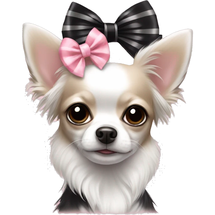 cute black with white long haired chihuahua with white stripe on forhead a cute pink bow emoji