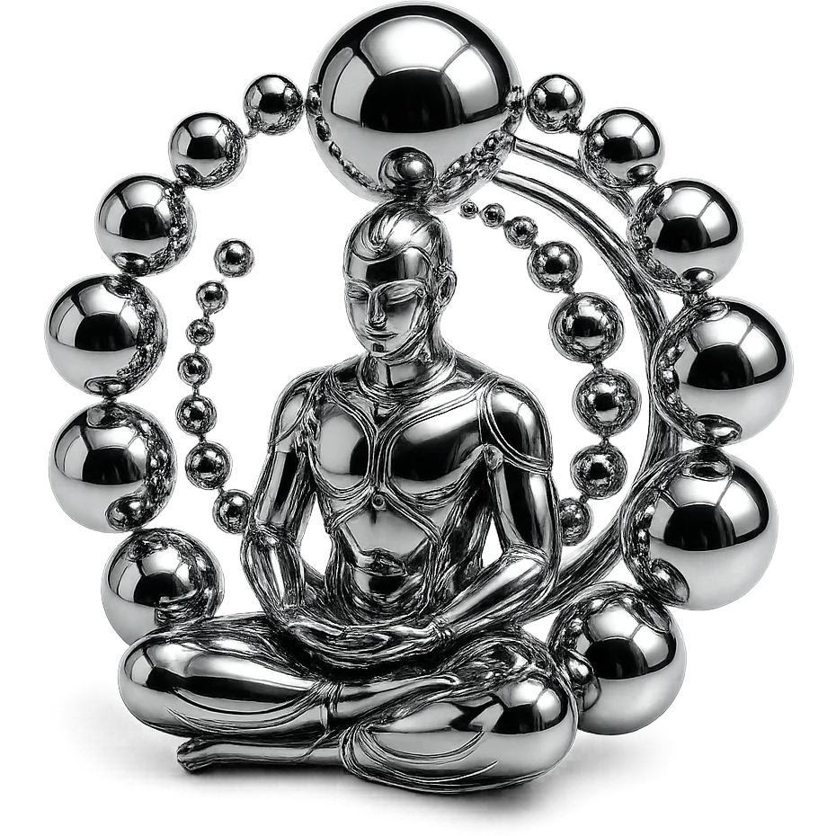abstract chrome composition with a meditating figure and radiant spheres of varying sizes forming a spiral, polished and harmonious emoji