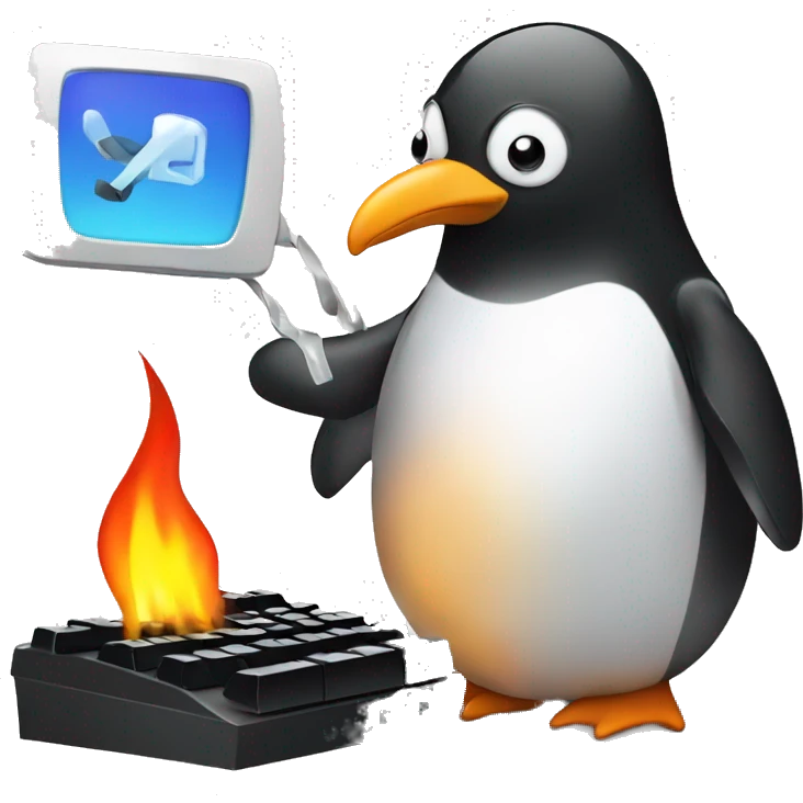 penguin working with keyboard on the fire emoji