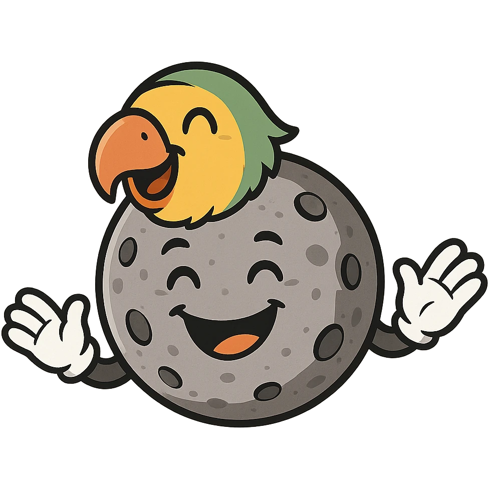 The Moon satellite with a small parrot head, with arms wearing gloves, smiling emoji