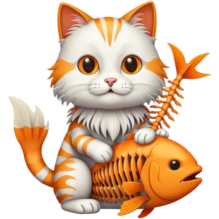 cat full body sitting with fish skeleton with fins and bones in mouth emoji