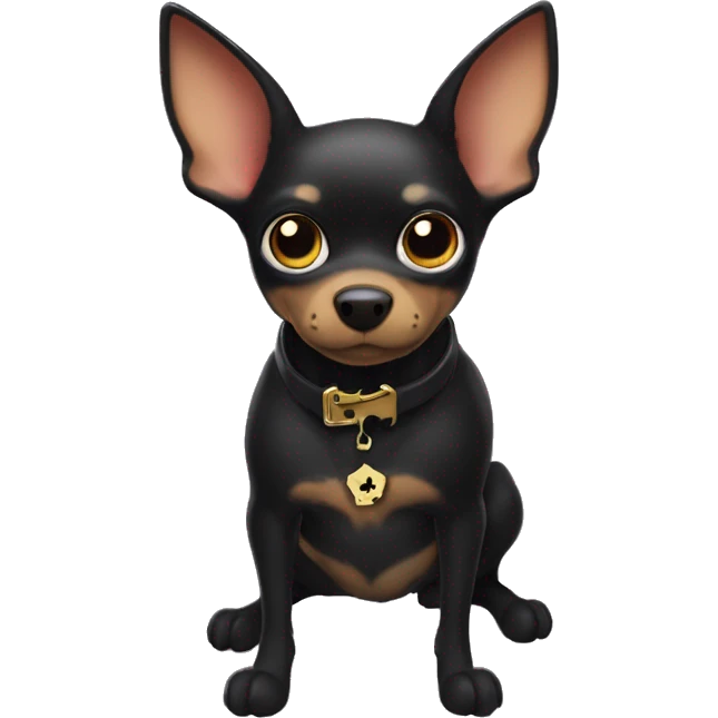Minature pincher wearing a black collar that has a bone shaped tag on it witch Batman logo  emoji