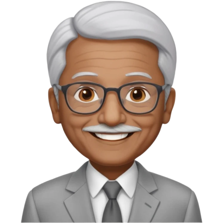 70 yr old indian man, short straight white hair brushed back, light grey business suit, big smile, dark brown skin, no moustache, dark brown eyes, glasses
 emoji