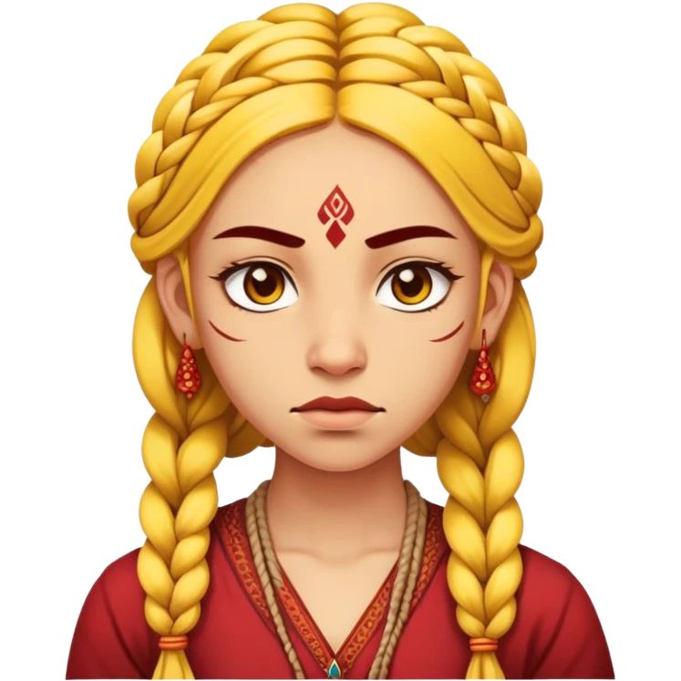 nữ 25 tuổi, da vàng, tóc tết buộc dài, có chấm đỏ bindi trên trán, mặt cáu  emoji