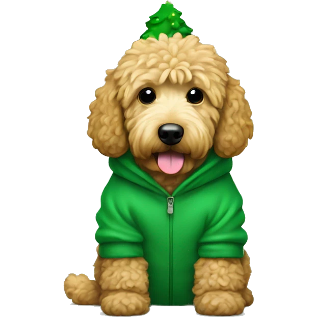 golden doodle wearing a christmas tree hoodie emoji
