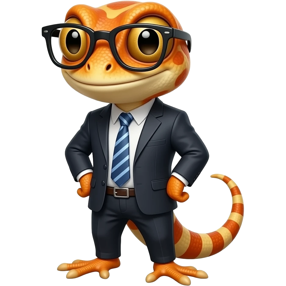 Quiero un diseño de gheco abogado    color naranja con gafas y muy rebelde è irreverente emoji